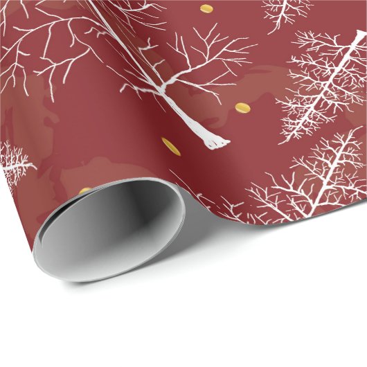 Kerstmis Glimmer: Witte dennen op rood fluweel Cadeaupapier (Rol Hoek)