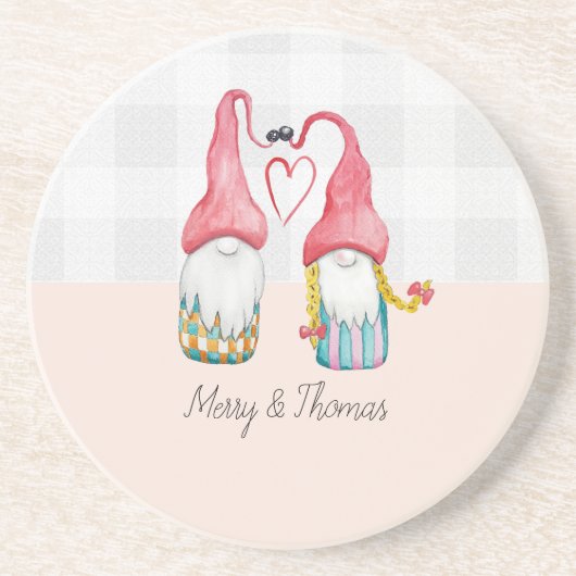 Kerstmis Gnome In Liefde Waterverf Handgeschilderd Zandsteen Onderzetter (Voorkant)