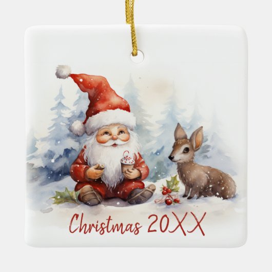 Kerstmis Gnome Met Fawn Keramisch Ornament (Voorkant)