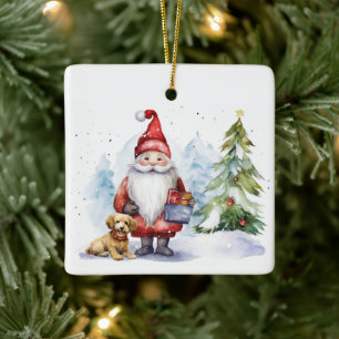 Kerstmis Gnome met Gift Keramisch Ornament