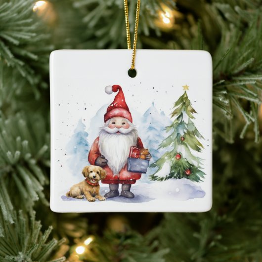 Kerstmis Gnome met Gift Keramisch Ornament (Boom)