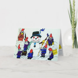 KERSTMIS, GNOMEN BOUWT EEN KAART VAN DE SNEEUWMAN