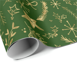 Kerstmis - Gold Shimmer Xmas Pattern - Green Cadeaupapier