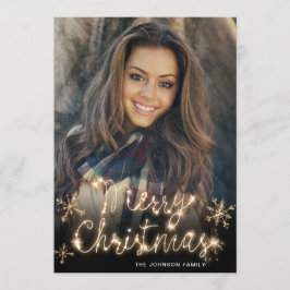 Kerstmis Gold Sparkle Script-script PHOTO-groet Feestdagenkaart