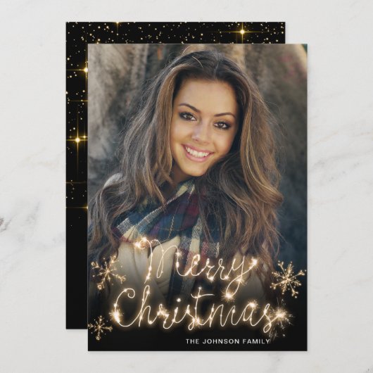 Kerstmis Gold Sparkle Script-script PHOTO-groet Feestdagenkaart (Voorkant / Achterkant)