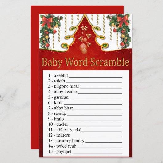 Kerstmis Gold Tree Baby word scramble game (Voorkant / Achterkant)