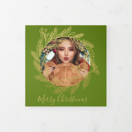 Kerstmis Gold Wreatfoto Persoonlijk kerstfeest Drieluik Wenskaart