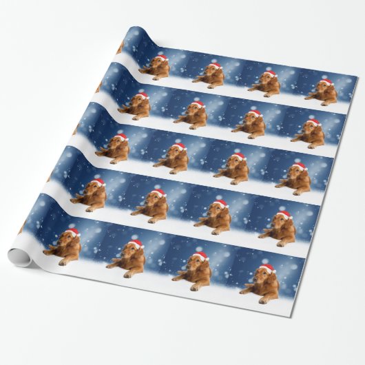 Kerstmis: Golden Retriever Dog Santa Hat Snow Cadeaupapier (Uitgerold)