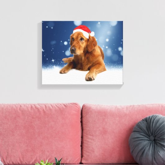 Kerstmis: Golden Retriever Dog Santa Hat Snow Canvas Afdruk (Insitu (Woonkamer))