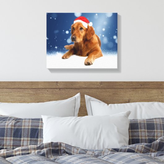 Kerstmis: Golden Retriever Dog Santa Hat Snow Canvas Afdruk (Insitu (Slaapkamer))