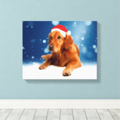 Kerstmis: Golden Retriever Dog Santa Hat Snow Canvas Afdruk (Insitu (Houten vloer))