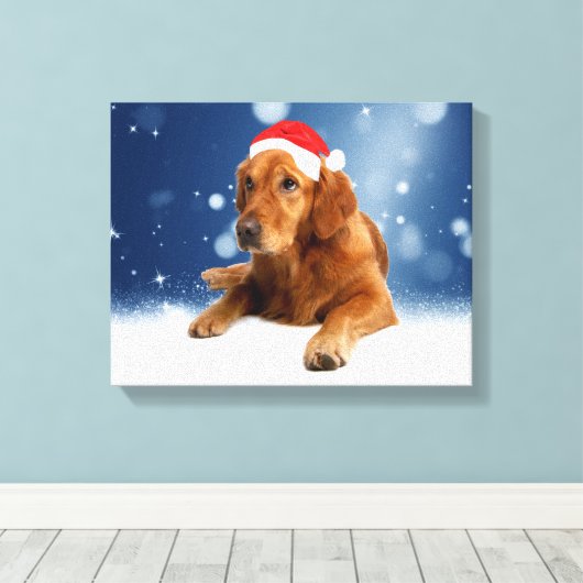 Kerstmis: Golden Retriever Dog Santa Hat Snow Canvas Afdruk (Insitu (Houten vloer))