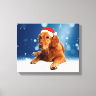 Kerstmis: Golden Retriever Dog Santa Hat Snow Canvas Afdruk