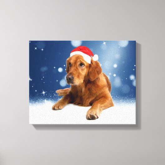 Kerstmis: Golden Retriever Dog Santa Hat Snow Canvas Afdruk (Voorkant)