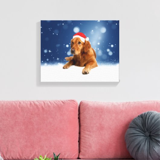Kerstmis: Golden Retriever Dog Santa Hat Snow Canvas Afdruk (Insitu (Woonkamer))