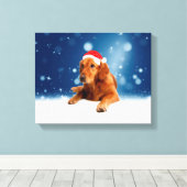 Kerstmis: Golden Retriever Dog Santa Hat Snow Canvas Afdruk (Insitu (Houten vloer))