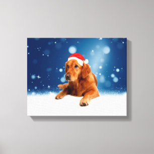 Kerstmis: Golden Retriever Dog Santa Hat Snow Canvas Afdruk