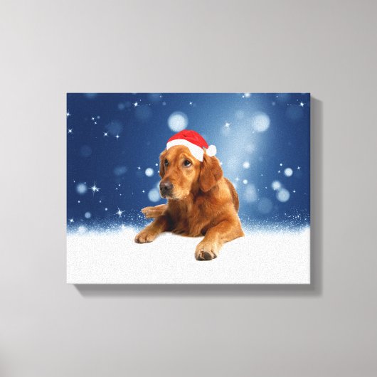 Kerstmis: Golden Retriever Dog Santa Hat Snow Canvas Afdruk (Voorkant)