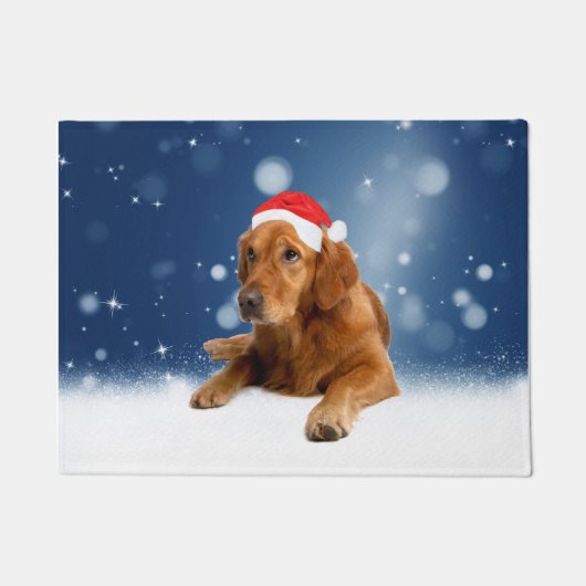 Kerstmis: Golden Retriever Dog Santa Hat Snow Deurmat (Voorkant)