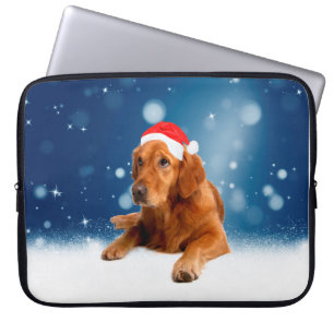 Kerstmis: Golden Retriever Dog Santa Hat Snow Laptop Sleeve