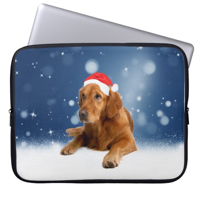 Kerstmis: Golden Retriever Dog Santa Hat Snow Laptop Sleeve (Voorkant)