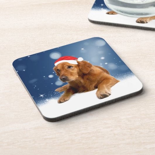 Kerstmis: Golden Retriever Dog Santa Hat Snow Onderzetter (Linkerzijde)