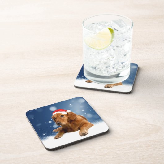 Kerstmis: Golden Retriever Dog Santa Hat Snow Onderzetter (Rechterzijde)