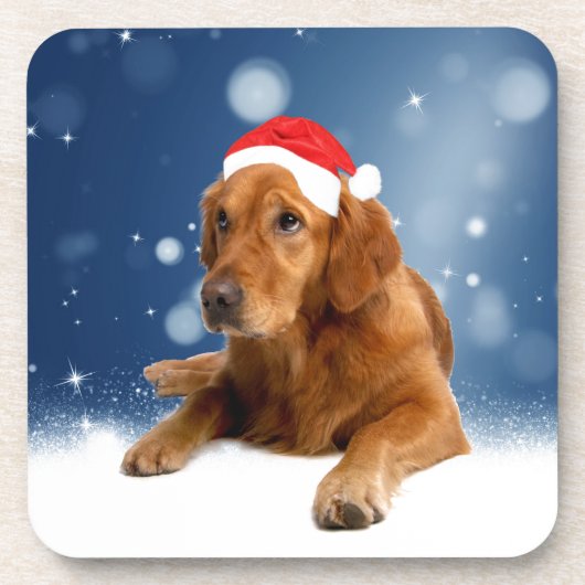 Kerstmis: Golden Retriever Dog Santa Hat Snow Onderzetter (Voorkant)