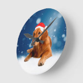 Kerstmis: Golden Retriever Dog Santa Hat Snow Ronde Klok (Hoek)