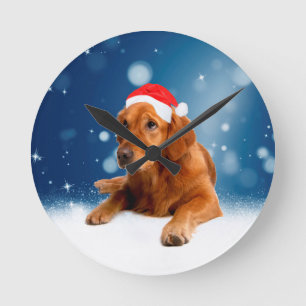 Kerstmis: Golden Retriever Dog Santa Hat Snow Ronde Klok