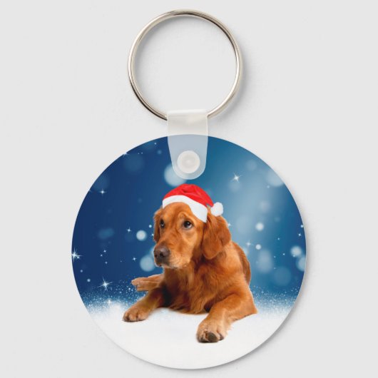 Kerstmis: Golden Retriever Dog Santa Hat Snow Sleutelhanger (Voorkant)