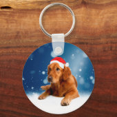 Kerstmis: Golden Retriever Dog Santa Hat Snow Sleutelhanger (Voorkant)