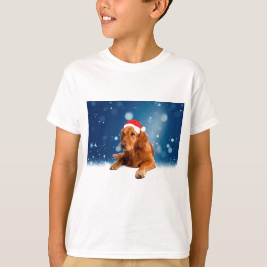 Kerstmis: Golden Retriever Dog Santa Hat Snow T-shirt (Voorkant)