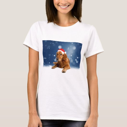 Kerstmis: Golden Retriever Dog Santa Hat Snow T-shirt (Voorkant)