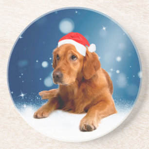 Kerstmis: Golden Retriever Dog Santa Hat Snow Zandsteen Onderzetter