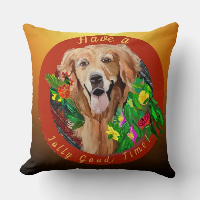 Kerstmis: Golden Retriever Jolly Good Time Kussen (Voorkant)