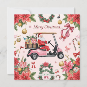 Kerstmis golf thema Kerstman rijdt Roze golfkar Feestdagenkaart