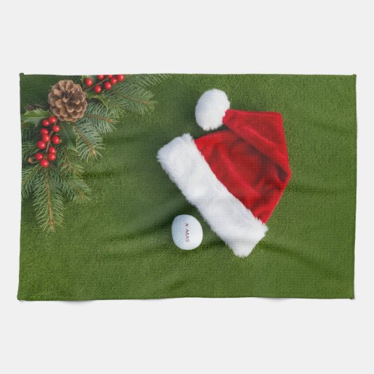 Kerstmis golf thema op groen gras theedoek (Horizontaal)