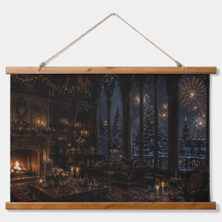Kerstmis Gotische Bibliotheek Haard Tapijt Hangend Wandkleed