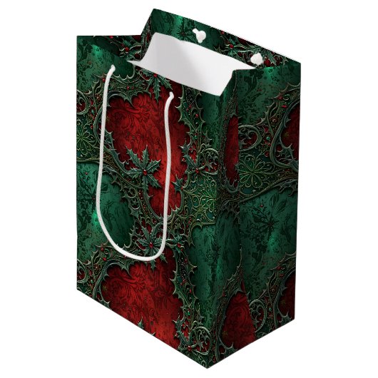 Kerstmis Gotische Grunge Rood & Groen Hulst Medium Cadeauzakje (Voorkant Gekanteld)