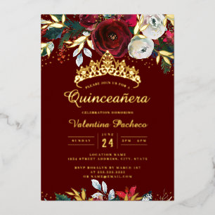 Kerstmis Goud Rood Festieve Gebladerte Quinceanera Folie Uitnodiging