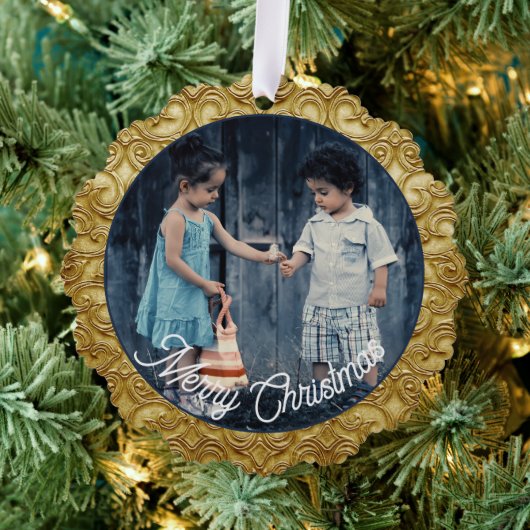 Kerstmis Goud Scrolled Fotosjabloon Ornament Kaart (Insitu (Drie))