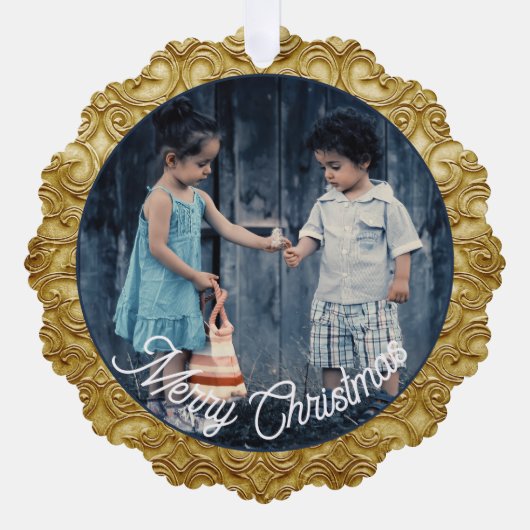 Kerstmis Goud Scrolled Fotosjabloon Ornament Kaart (Voorkant)