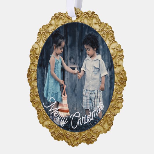 Kerstmis Goud Scrolled Fotosjabloon Ornament Kaart (Links)