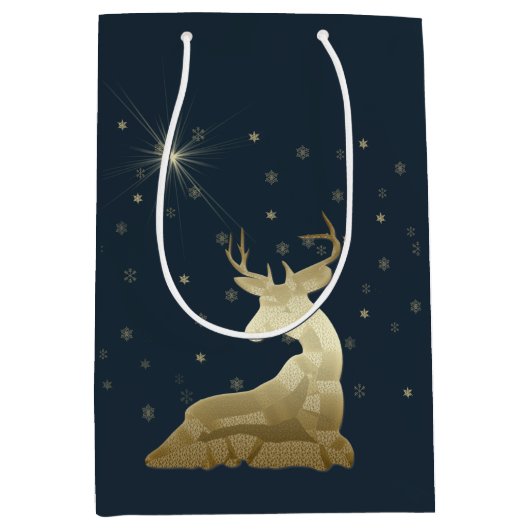 Kerstmis, Gouden Herten en Sneeuwvlokken Medium Cadeauzakje (Voorkant)