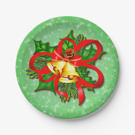 Kerstmis Gouden Klokken Groen Holly Rood Lint 7" Papieren Bordje