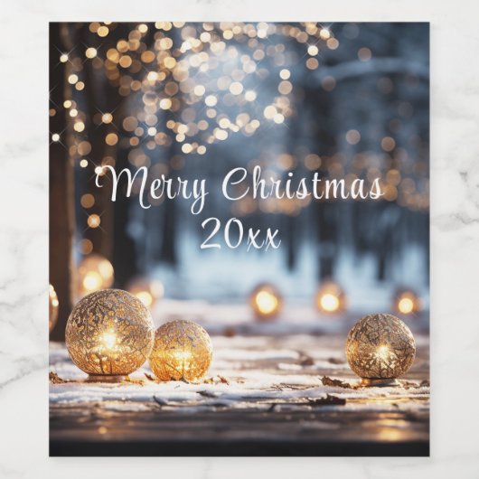 Kerstmis Gouden Ornamenten Sneeuw Bokeh Lichten Wijn Etiket (Enkel label)