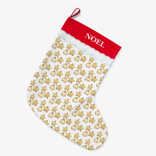 Kerstmis Gouden Patroon op Wit & Rood Grote Kerstsok (Voorkant (Hangend))