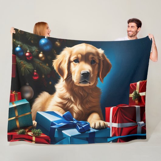 KERSTMIS GOUDEN RETRIEVER PUPPY FLEECE DEKEN (In situ)