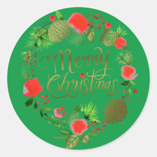 Kerstmis Gouden Rode Digitale Krans Ronde Sticker (Voorkant)